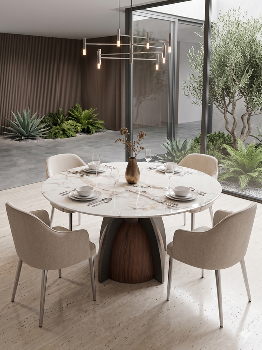 Mesa de Comedor de Diseño Contemporáneo - Mármol, madera y acero 130x76 Alta calidad