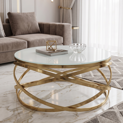 Mesa de centro de cristal blanco y patas acero dorado