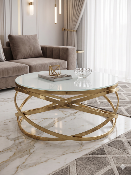 Mesa de centro de cristal blanco y patas acero dorado