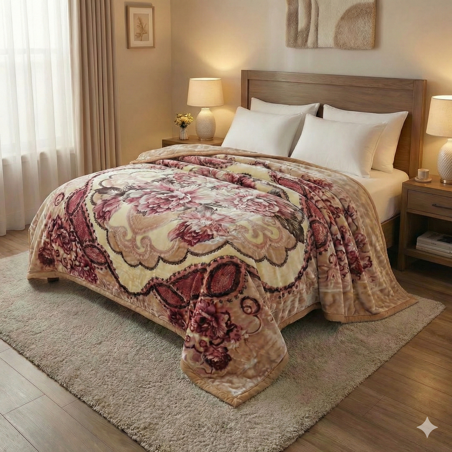 Manta de Felpa Color beige con flores - Extra Suave y Cálida para Invierno (200x230 cm, 4,5 kg)