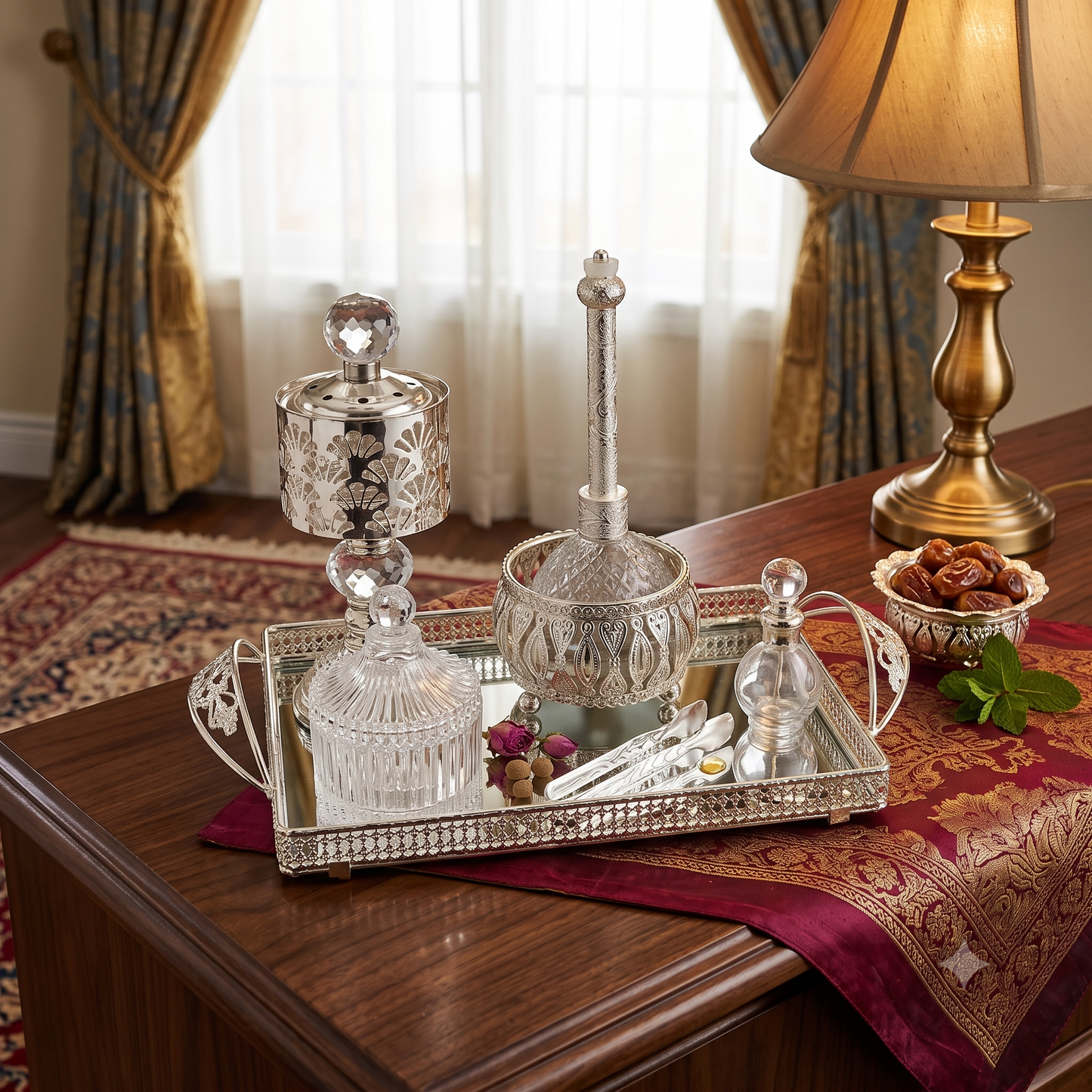 Set Decorativo de Lujo con Bandeja Espejada y Accesorios Plateados
