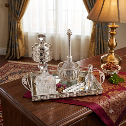 Set Decorativo de Lujo con Bandeja Espejada y Accesorios Plateados