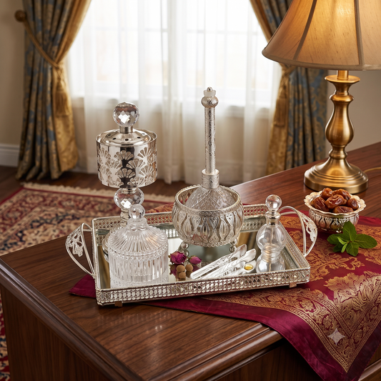 Set  QUEMADOR DE INCIENSO Decorativo de Lujo con Bandeja Espejada y Accesorios Plateados