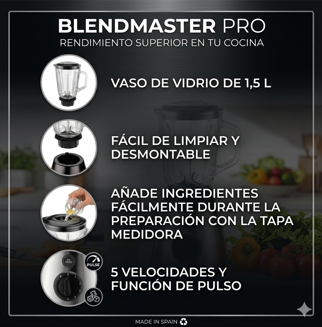 Batidora de Vaso 2 en 1 de Cristal 1,5L con Molinillo, 5 Velocidades y Función Pulse – 950W