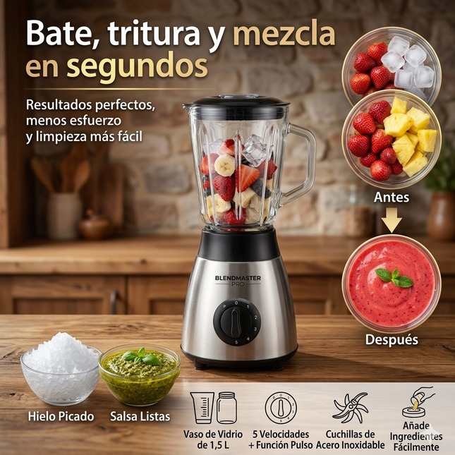 Batidora de Vaso 2 en 1 de Cristal 1,5L con Molinillo, 5 Velocidades y Función Pulse – 950W