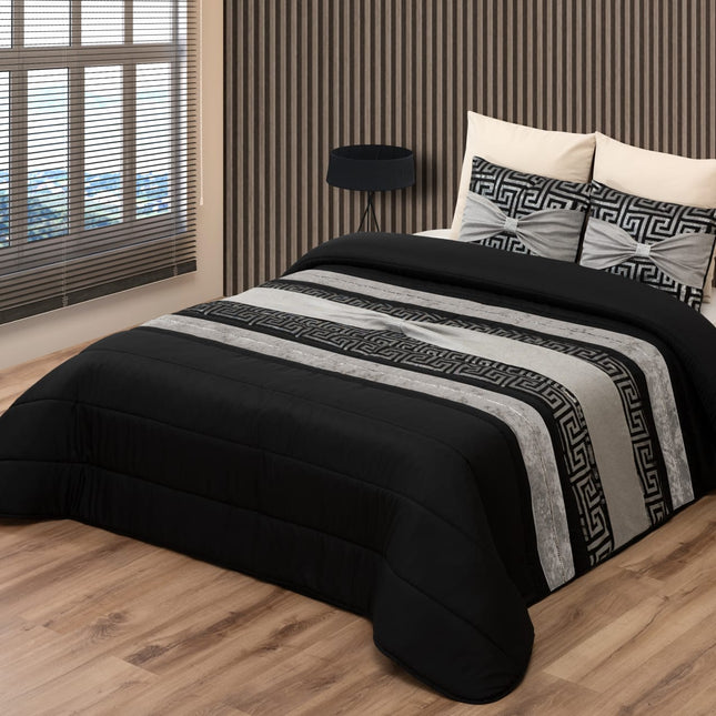 Conjunto de colcha elegante JENNY – Conjunto decorativo com duas almofadas – PRETO COM DETALHES EM CINZA