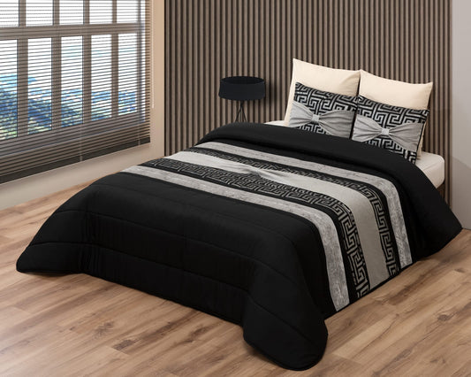 Colcha JENNY Elegante – Conjunto Decorativo con Dos Almohadas - COLOR NEGRO CON DETALLES EN GRIS