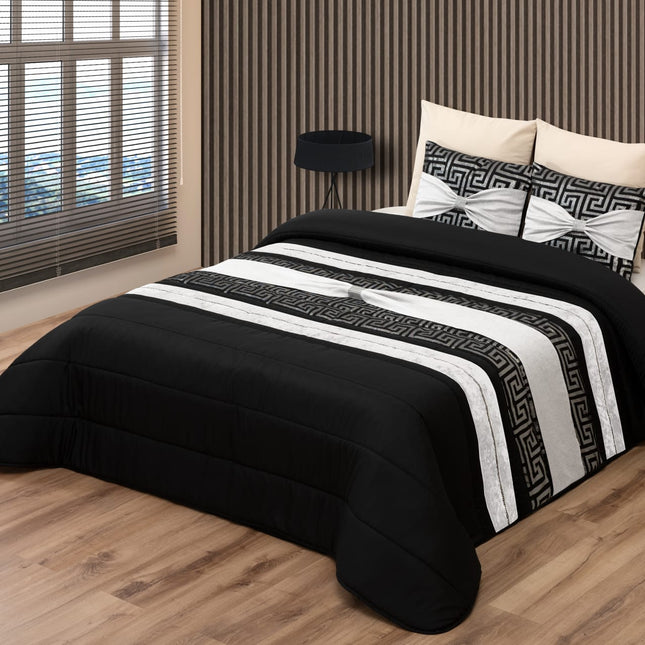 Conjunto de colcha elegante JENNY – Conjunto decorativo com duas almofadas – PRETO COM DETALHES BRANCOS