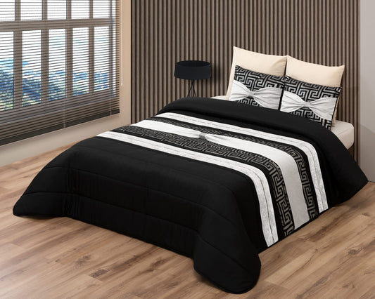 Colcha JENNY Elegante – Conjunto Decorativo con Dos Almohadas - COLOR NEGRO CON DETALLES EN BLANCO