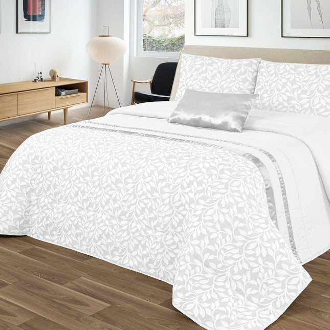Colcha GOOLD Elegante – Conjunto Decorativo con Dos Almohadas, 250 x 260 cm - COLOR BLANCO CON DETALLES EN PLATA