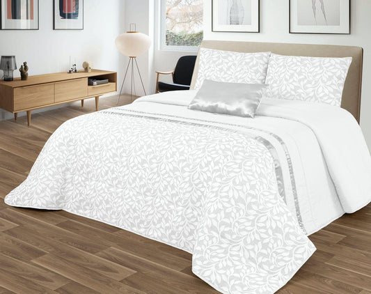 Colcha GOOLD Elegante – Conjunto Decorativo con Dos Almohadas, 250 x 260 cm - COLOR BLANCO CON DETALLES EN PLATA