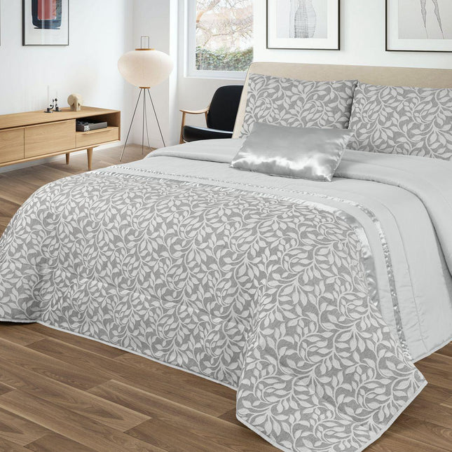 Colcha GOOLD Elegante – Conjunto Decorativo con Dos Almohadas, 250 x 260 cm - COLOR GRIS - CON DETALLES EN PLATA