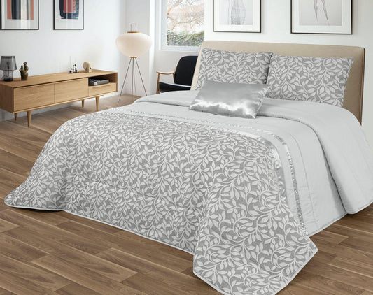 Colcha GOOLD Elegante – Conjunto Decorativo con Dos Almohadas, 250 x 260 cm - COLOR GRIS - CON DETALLES EN PLATA