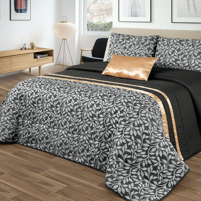 Colcha GOOLD Elegante – Conjunto Decorativo con Dos Almohadas, 250 x 260 cm - COLOR NEGRO CON DETALLES EN DORADO