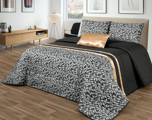 Colcha GOOLD Elegante – Conjunto Decorativo con Dos Almohadas, 250 x 260 cm - COLOR NEGRO CON DETALLES EN DORADO