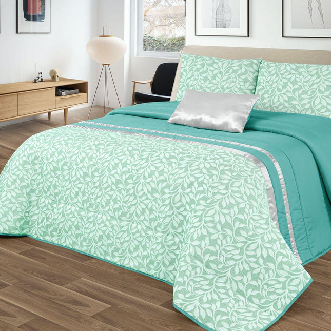 Colcha elegante GOOLD – Conjunto decorativo com duas almofadas, 250 x 260 cm – VERDE COM DETALHES PRATEADOS