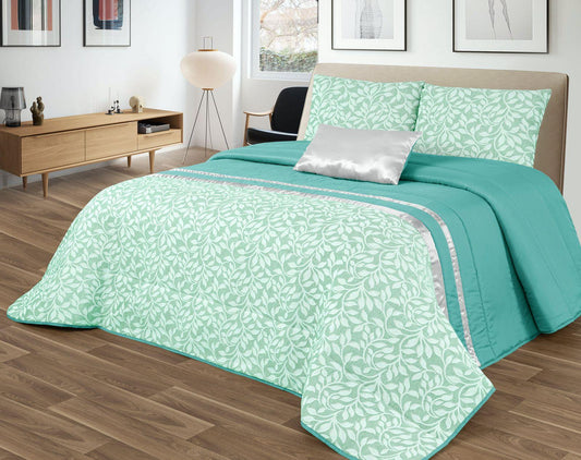 Colcha GOOLD Elegante – Conjunto Decorativo con Dos Almohadas, 250 x 260 cm - COLOR VERDE CON DETALLES EN PLATA
