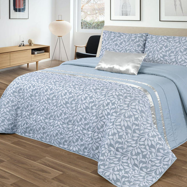 Colcha GOOLD Elegante – Conjunto Decorativo con Dos Almohadas, 250 x 260 cm - COLOR AZUL CON DETALLES EN PLATA