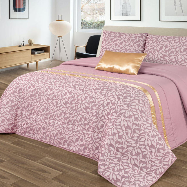 Elegante edredão GOOLD – Conjunto decorativo com duas almofadas, 250 x 260 cm - ROSA COM DETALHES DOURADOS
