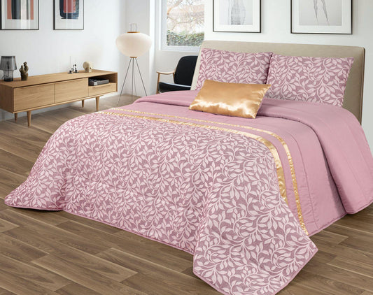 Colcha GOOLD Elegante – Conjunto Decorativo con Dos Almohadas, 250 x 260 cm - COLOR ROSA CON DETALLES EN DORADO