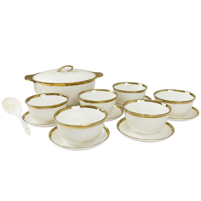 White Soup Set with Gold Trim – 15 Pieces Total Elegance