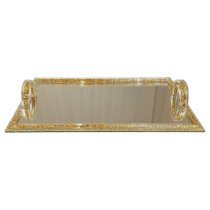 Bandeja espelhada dourada com pegas em cristal – 40x28 cm de pura elegância
