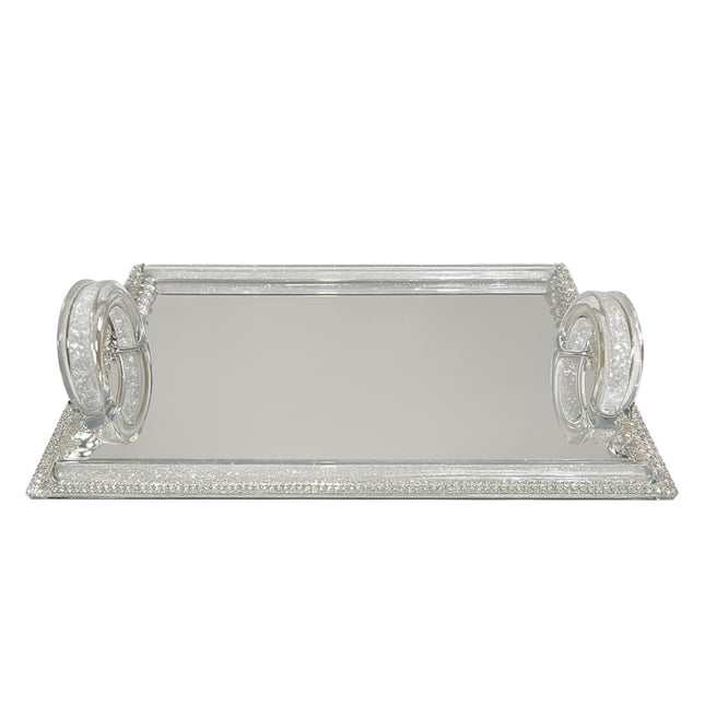 Bandeja Espejo Plateada con Asas de Cristal – 35x24 cm de Lujo Moderno