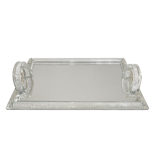 Bandeja Espejo Plateada con Asas de Cristal – 35x24 cm de Lujo Moderno