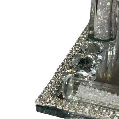 Bandeja Espejo Plateada con Asas de Cristal – 35x24 cm de Lujo Moderno