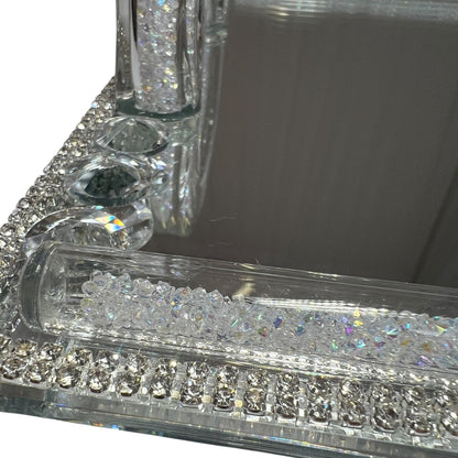 Bandeja Espejo Plateada con Asas de Cristal – 35x24 cm de Lujo Moderno