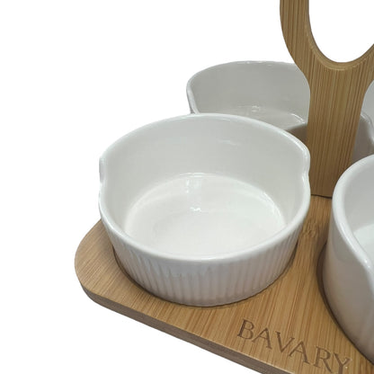 Set de 4 Cuencos de Porcelana con Bandeja de Madera y Asa