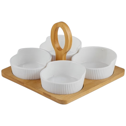 Conjunto de 4 taças em porcelana com bandeja e pega em madeira.