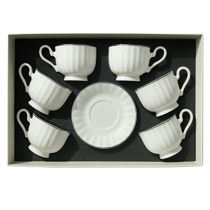 Set de 6 tazas con plato – Porcelana blanca con filo plateado