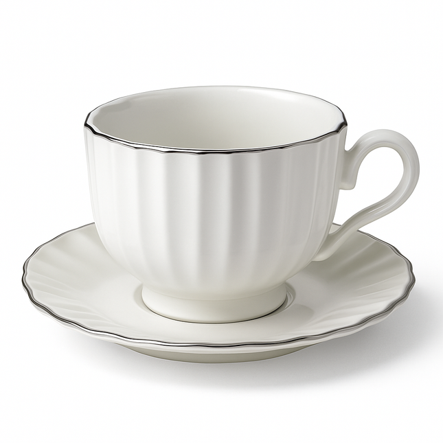 Conjunto de 6 copos com pires – Porcelana branca com rebordo prateado