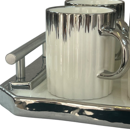 Serviço de chá com bule, 6 chávenas e bandeja decorativa – porcelana com detalhes prateados