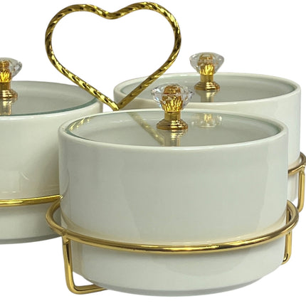 🥣 Conjunto de 3 recipientes em porcelana com tampas e suporte dourado
