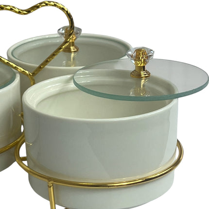 🥣 Conjunto de 3 recipientes em porcelana com tampas e suporte dourado