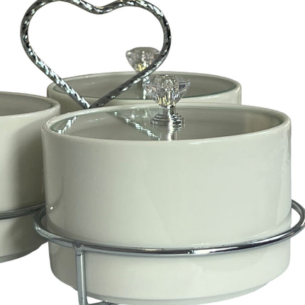 🥣 Conjunto de 3 recipientes em porcelana com tampas e suporte prateado