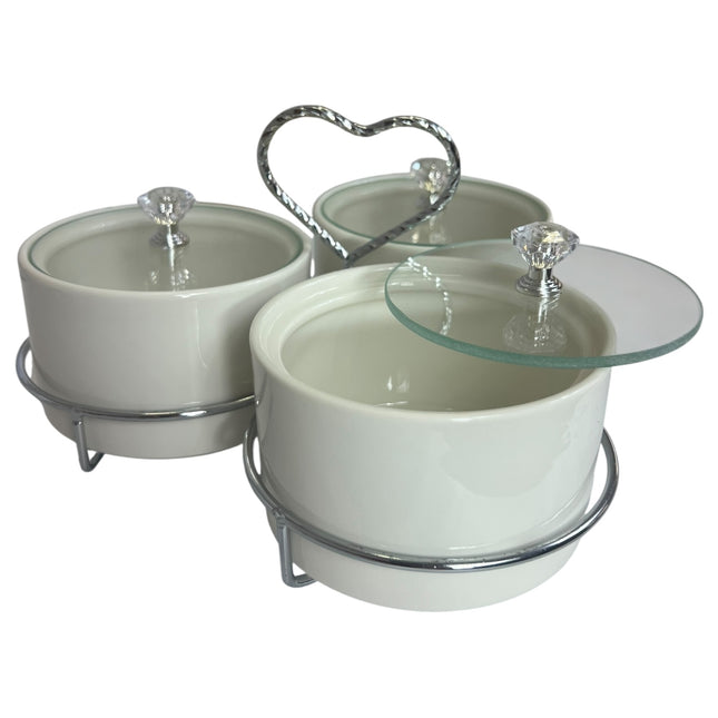 🥣 Set de 3 Recipientes de Porcelana con Tapa y Soporte Plateado