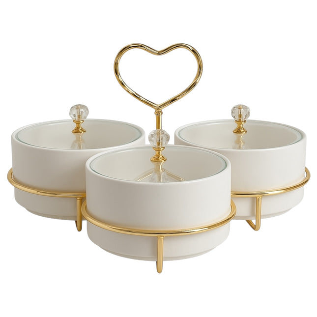 🥣 Set de 3 Recipientes de Porcelana con Tapa y Soporte Dorado