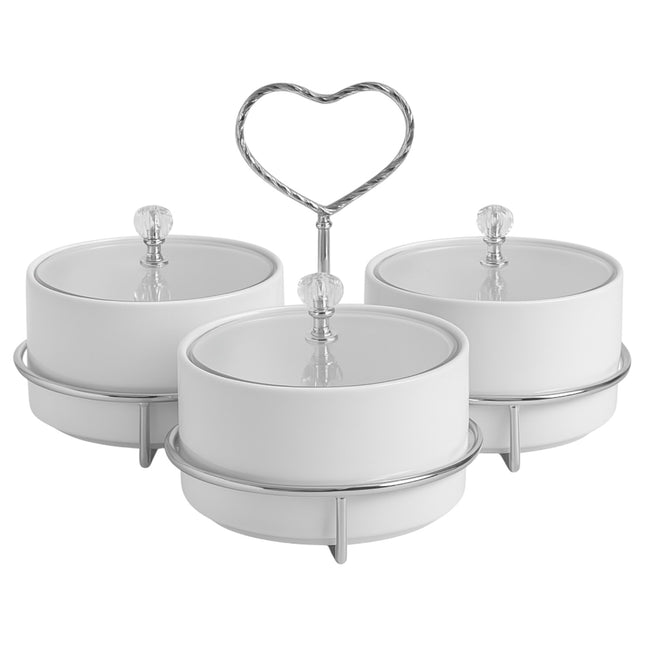 🥣 Set de 3 Recipientes de Porcelana con Tapa y Soporte Plateado