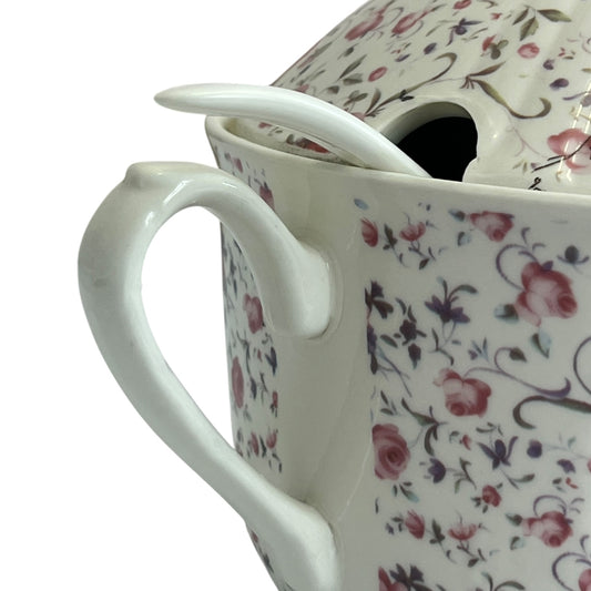 🌸 Sopera de Porcelana con Estampado Floral Vintage – 2 Asas Laterales