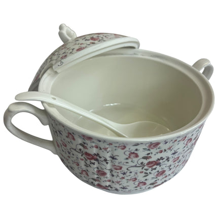 🌸 Porcelain Soup Tureen with Vintage Floral Print – 2 Side Handles