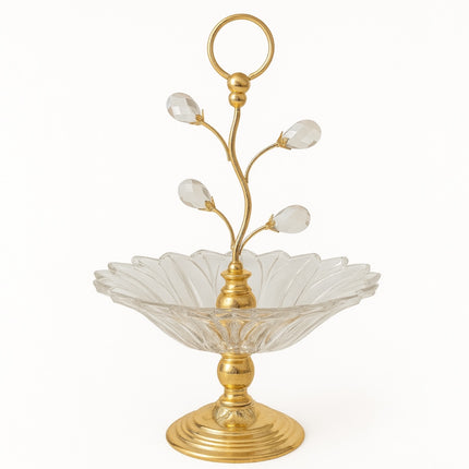 🍬 Tabuleiro decorativo em vidro com base dourada e pétalas em vidro