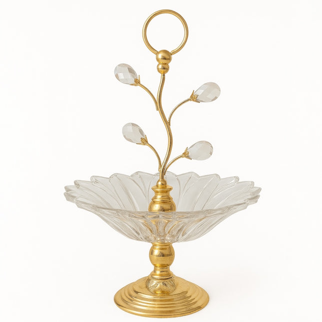 🍬 Tabuleiro decorativo em vidro com base dourada e pétalas em vidro