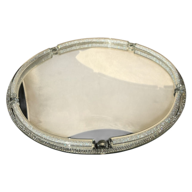 🪞 Bandeja redonda espelhada com rebordo prateado e cristais – 35 cm de diâmetro
