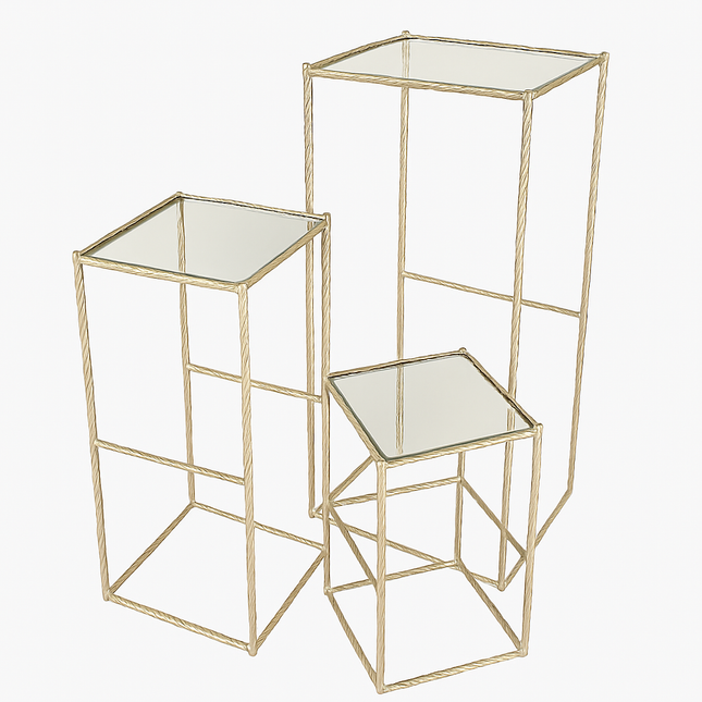 Set de 3 Pedestales Decorativos Dorados con Cristal Espejado