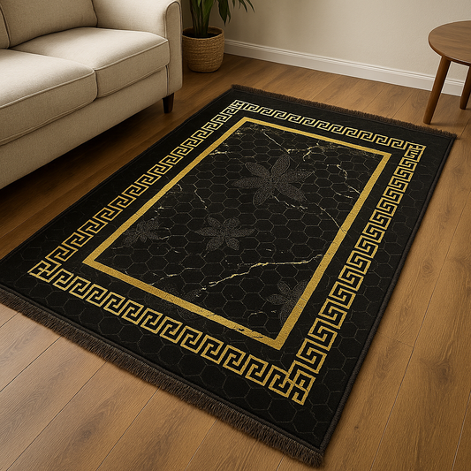 Alfombra Clásica Negra y detalles Dorados con Cenefa de Inspiración Oriental – Estilo Árabe