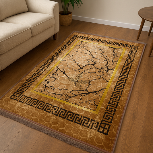 Alfombra Clásica Beige y detalles Dorados con Cenefa Negra de Inspiración Oriental – Estilo Árabe