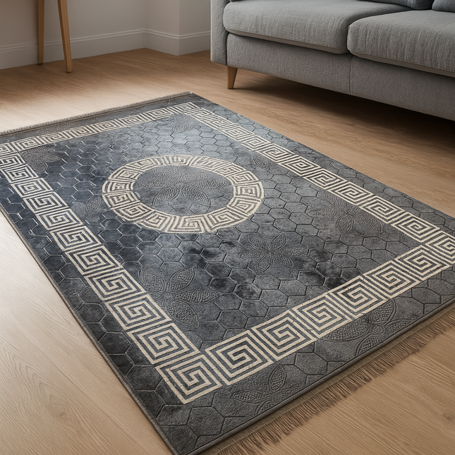 Tapete clássico cinzento com rebordo preto, de inspiração oriental – estilo árabe.